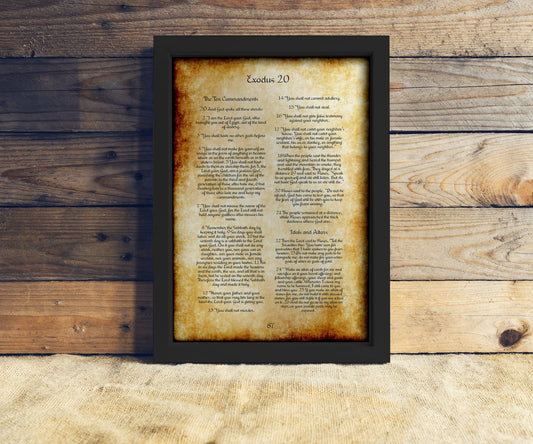 Framed Ten Commandments on Vintage Parchment - HoneycombProverbs - Giclée - Christian Wall Art