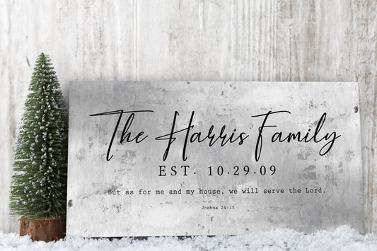 custom family name plaque is created on rustic and distressed tin, and features a family name prominently with the est. date. This is Christian decor featuring Joshua 24:15 excerpt, "as for me and my house, we will serve the Lord".
