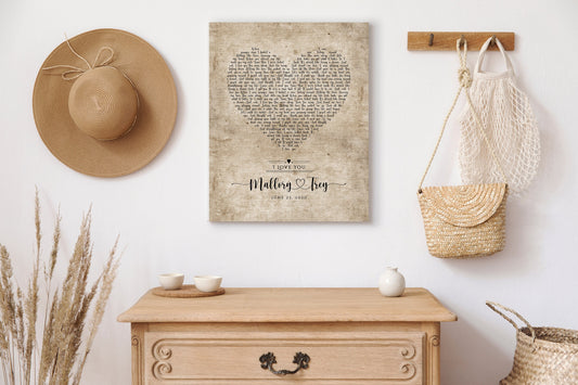 Vintage Heart Personalized Lyric Canvas in Cotton - HoneycombProverbs - Gifts For The Couple - 2nd Anniversary Gifts