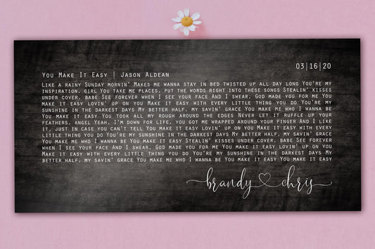 5th anniversary gift in the form of a wooden song plaque featuring a custom song and names and union date