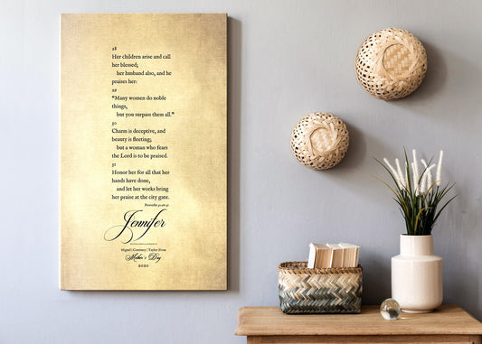 Fine art Christian Canvas features Proverbs 31 excerpts and is personalizable.
Canvas shown is personalized for Jennifer as a Mother's day gift. Canvas print is a reproduction of vintage parchment and the inscription is applied in a vintage typewriter font, and the personalization is applied in an elegant script.
Photo courtesy of Honeycomb Proverbs
