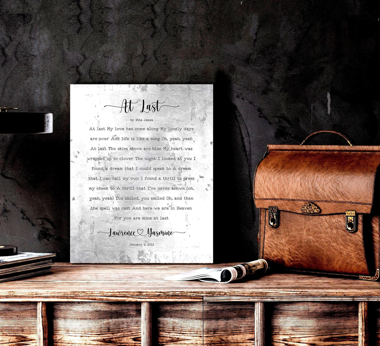 Custom Lyrics Art - vintage rustic song lyric metal sign featuring names connected by a heart and est date. Lyrics seated on a distressed metal in a silver tone with tarnishing.