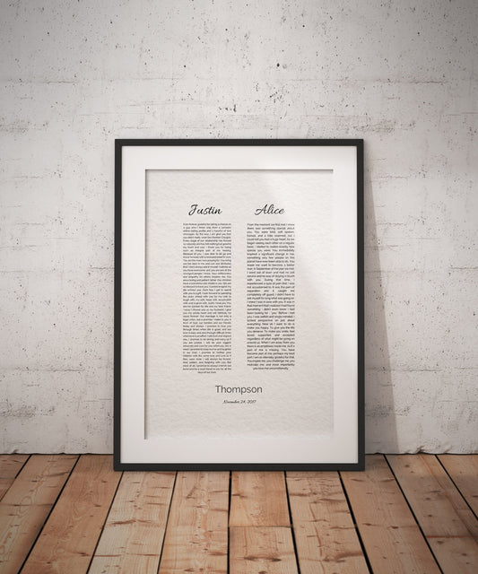 His and Her, Wedding Vow Print, 1st year Anniversary Gift, Art, Canvas, Framed, Vows, Anniversary, Paper, Printed, Christmas gift, husband