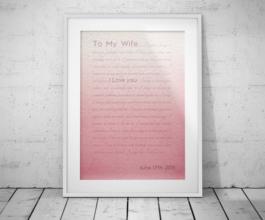 Framed Wedding Vows, Custom Paper Anniversary Gift, Ombre Walll Decor, Anniversary Gift for Wife, Modern Romantic Gifts, For Her, Print Vows