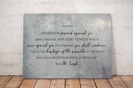 Isaiah 54:17, On Metal, No weapon forged against you shall prosper, Tin Gift, Christian, Scripture Print, Religious Wall Decor, Masculine