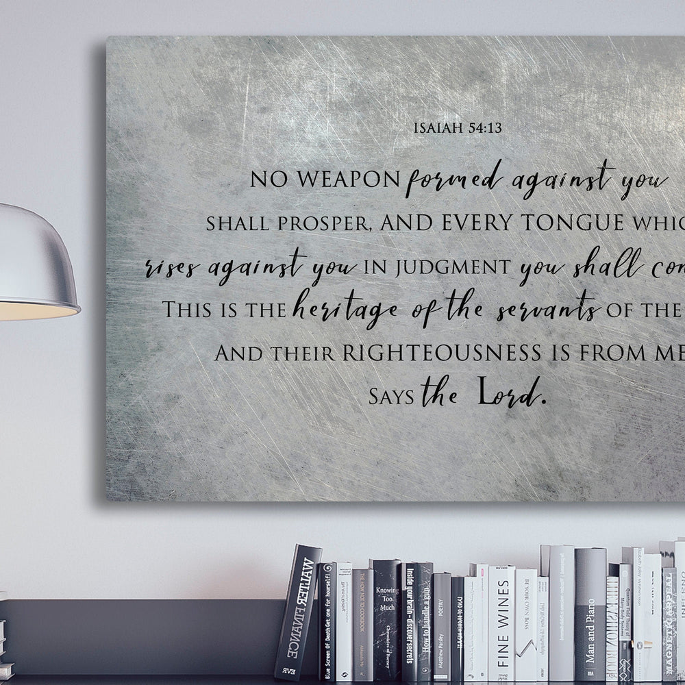 Isaiah 54:17, On Metal, No weapon forged against you shall prosper, Tin Gift, Christian, Scripture Print, Religious Wall Decor, Masculine