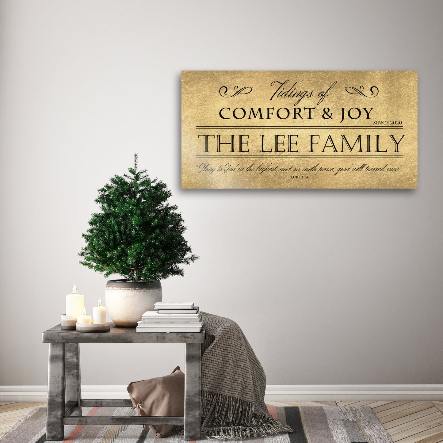 Comfort and Joy, Rustic Holiday Sign, Christmas Sign, Luke 2:14, Personalized Holiday Sign, Sign, Name Sign, Gold Christmas decor, Gfit