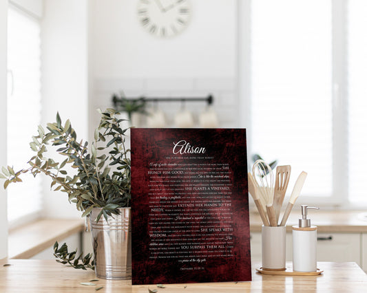 Prov 31 Religious Anniversary Gift, Scripture on Tin, Bible Verse Plaque, Religious Wall Art, Proverbs 31 Decor for her, Mother Day Gift,