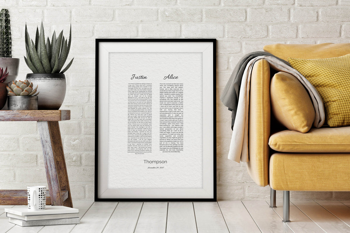 framed wedding vows, wedding vow print, 1 year anniversary gift, paper anniversary gift for wife
