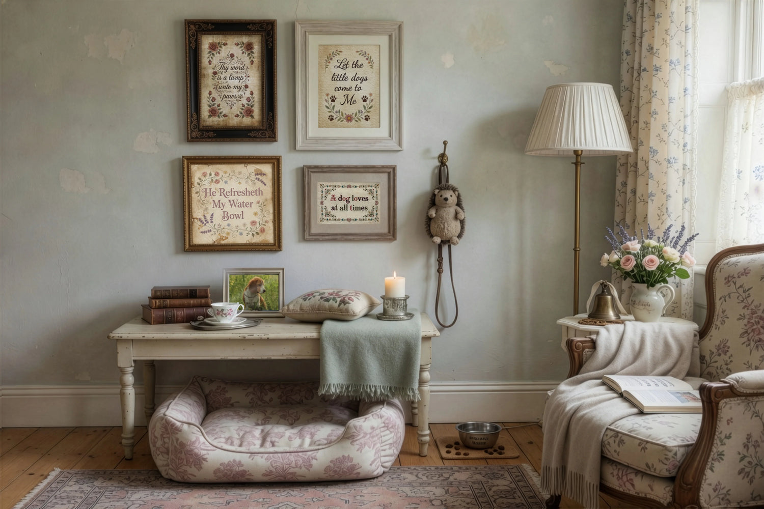 Gallery wall featuring framed fine art with dog inspired faithful word art in a quaint interior