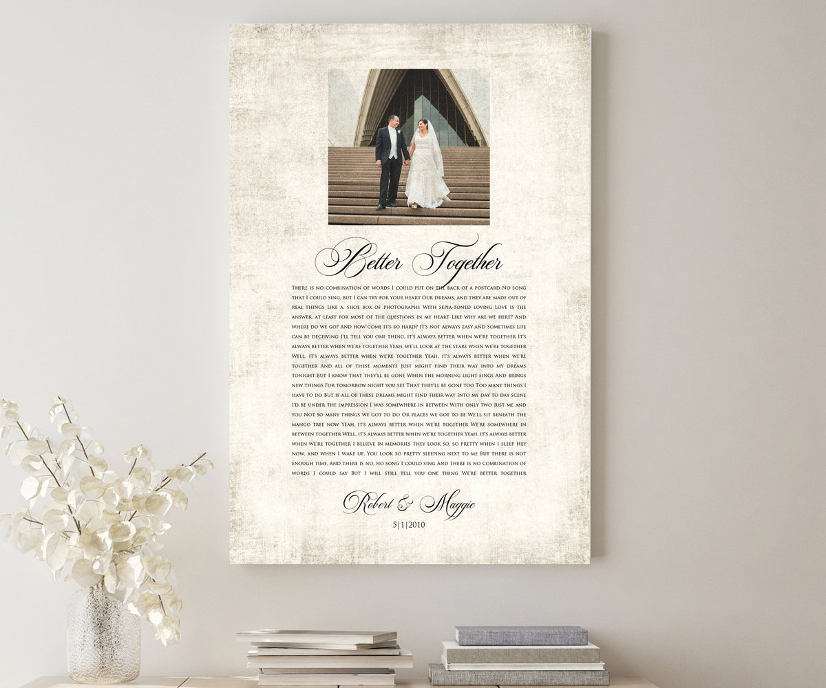 cotton anniversary gift, custom photo with song canvas, song lyric canvas, 2 year anniversary gift, 2nd year anniversary gift ready to hang rustic canvas