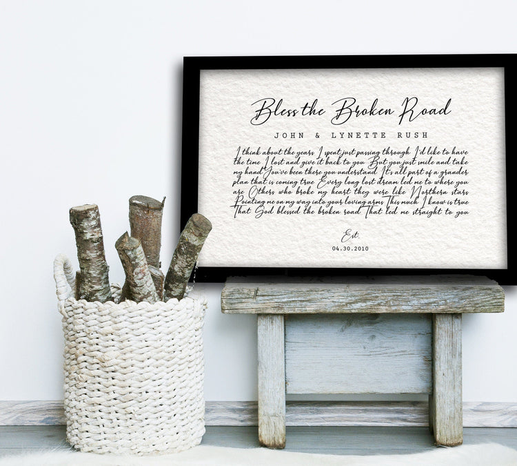 Framed Bless the Broken Road song lyric art with names above a bench