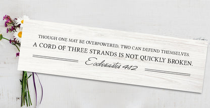 Whitewashed farmhouse Ecclesiastes 4:12 wood sign, view 2