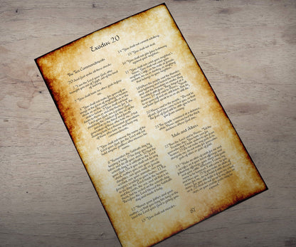Framed Ten Commandments on Vintage Parchment, shown on the wall, 1st anniversary paper