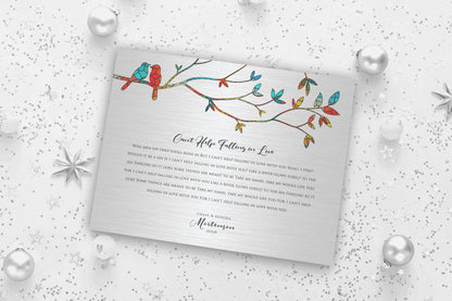Lovebirds Wedding Song Lyric Sign on Tin, size and option view, 10th anniversary tin