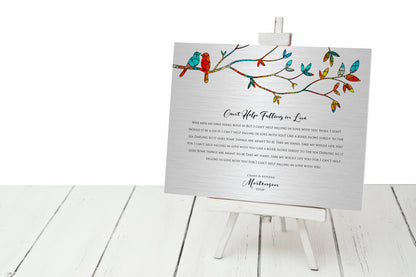 Lovebirds Wedding Song Lyric Sign on Tin, shown on the wall, 10th anniversary tin