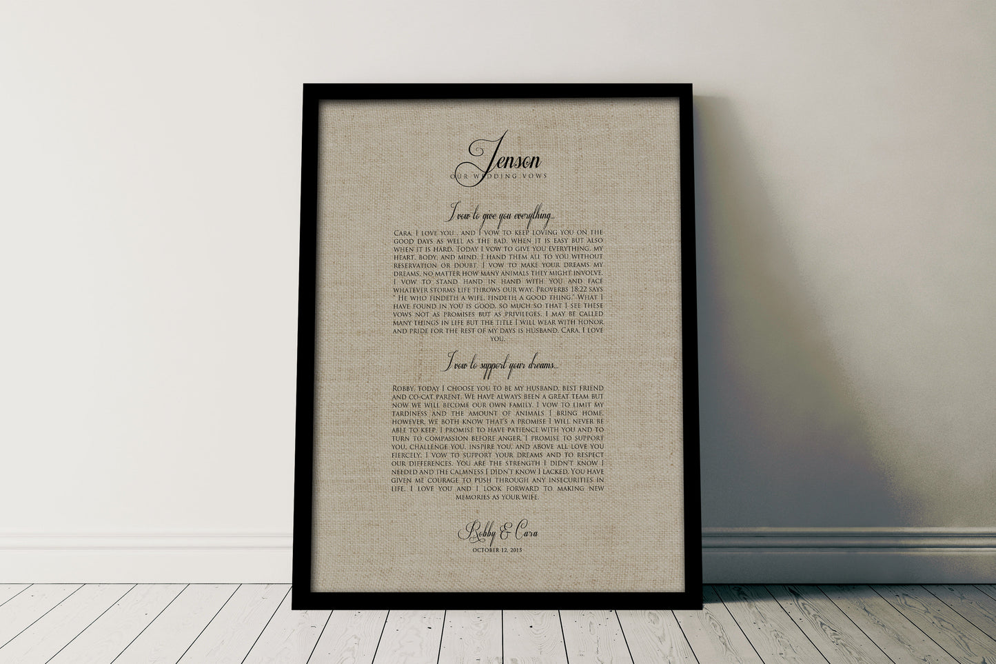 Our Vows on Linen, Framed Linen Anniversary Gift - HoneycombProverbs - Signs - Rustic Lyrics Wall Decor