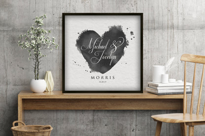 Lovestamp Framed Personalized Paper Gift, shown on the wall, 1st anniversary paper and 4th anniversary linen