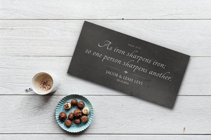Rustic Scripture Gift - Iron Sharpens Iron Sign, personalization detail, 6th anniversary iron