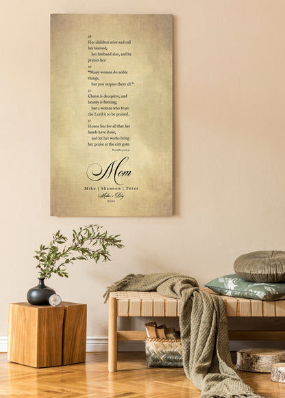 Proverbs 31 on Canvas, shown on the wall, 2nd anniversary cotton