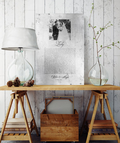 Distressed Tin Wedding Song Plaque with Photo - HoneycombProverbs - Signs - Tin and Aluminum Gifts
