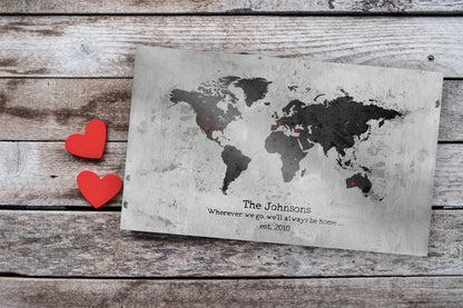Our Adventure Map; Vintage Tin Anniversary Wall Art, close-up detail, 10th anniversary tin