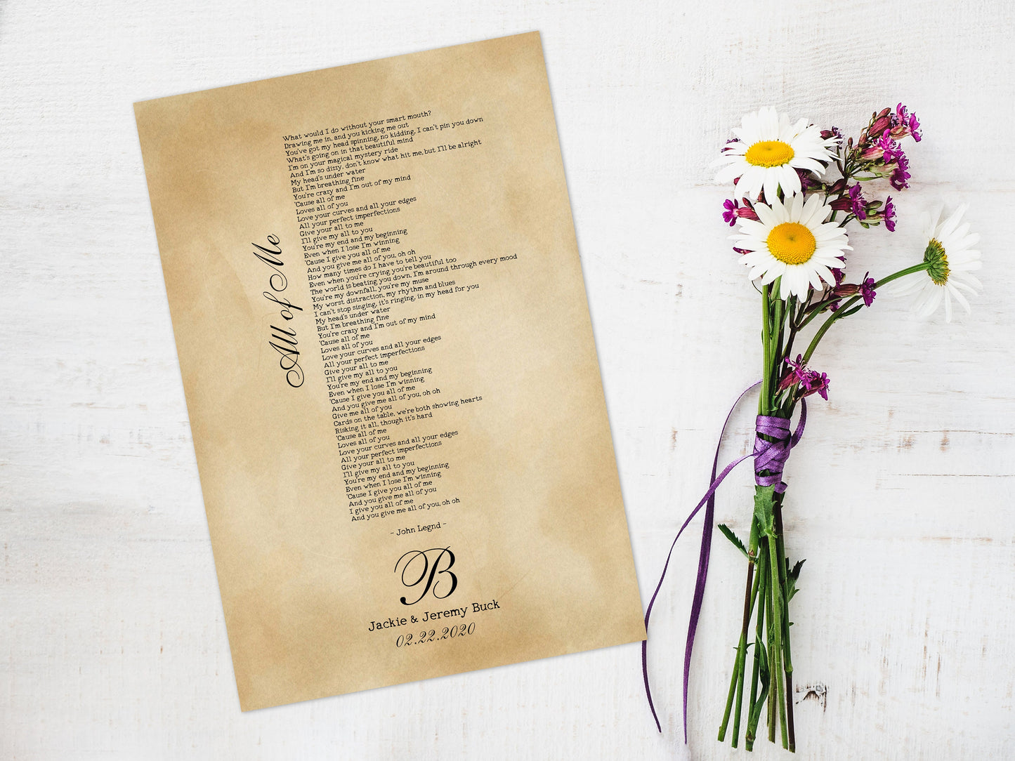 1st Anniversary Monogrammed Song Lyric Print - HoneycombProverbs - Giclée - Rustic Lyrics Wall Decor