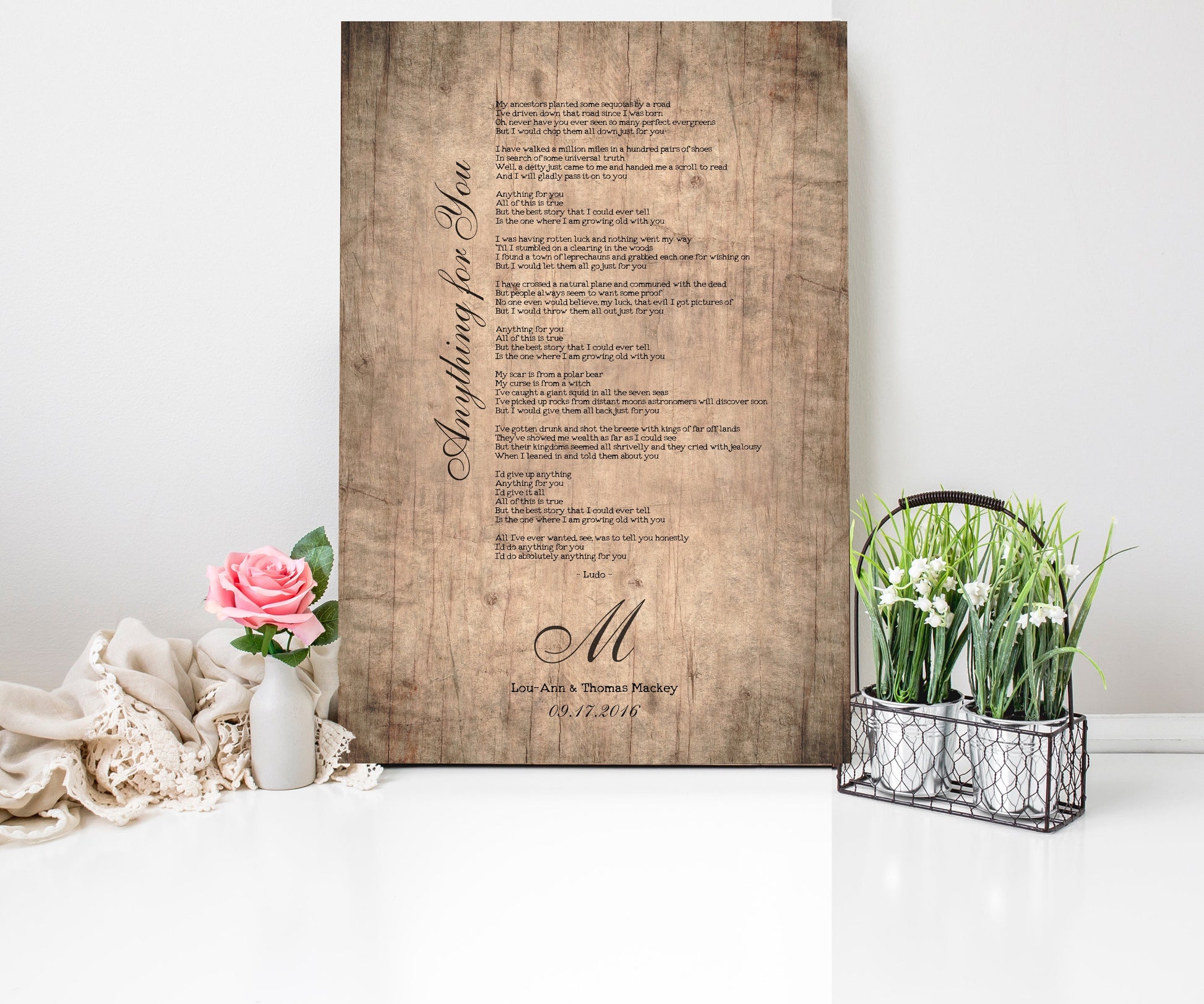 Wood Anniversary Monogrammed Song Lyric Sign - HoneycombProverbs - Signs - Rustic Lyrics Wall Decor