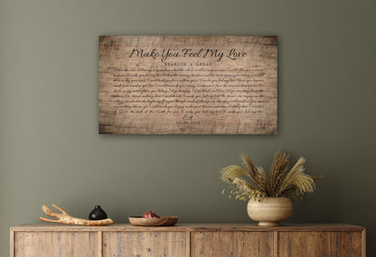 Country Custom Song Lyric Sign on Wood, close-up detail, 5th anniversary wood
