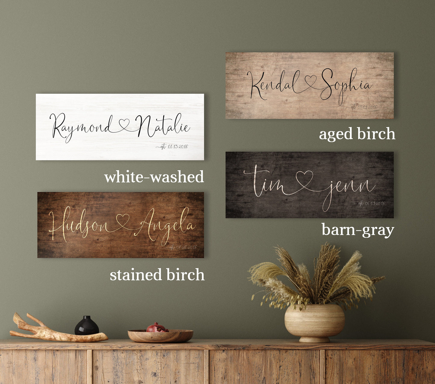 rustic wood name signs with established date available in 4 wood finishes