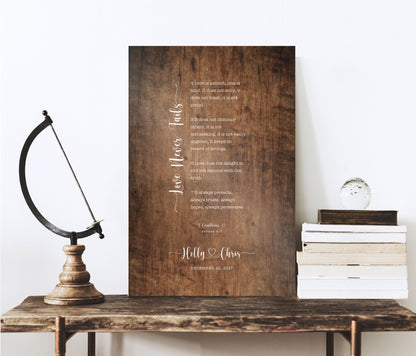 Personalized 1 Cor 13 Wood Anniversary Keepsake, shown on the wall, 5th anniversary wood