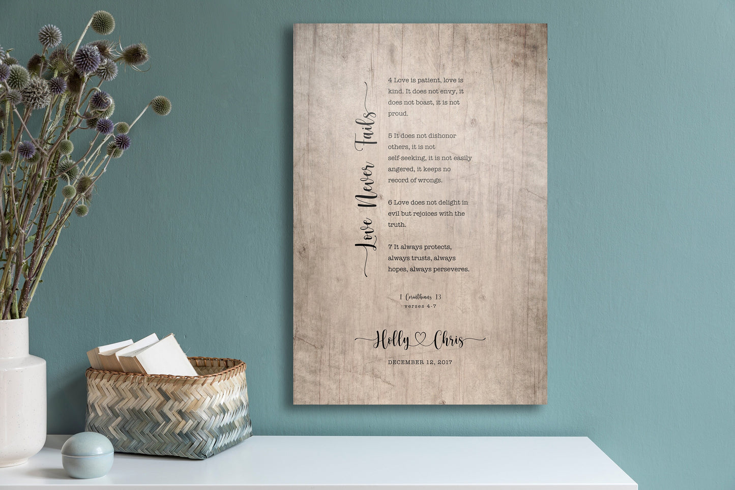 Our Love Never Fails Wood Anniversary Keepsake - HoneycombProverbs - Signs - Christian Wall Art