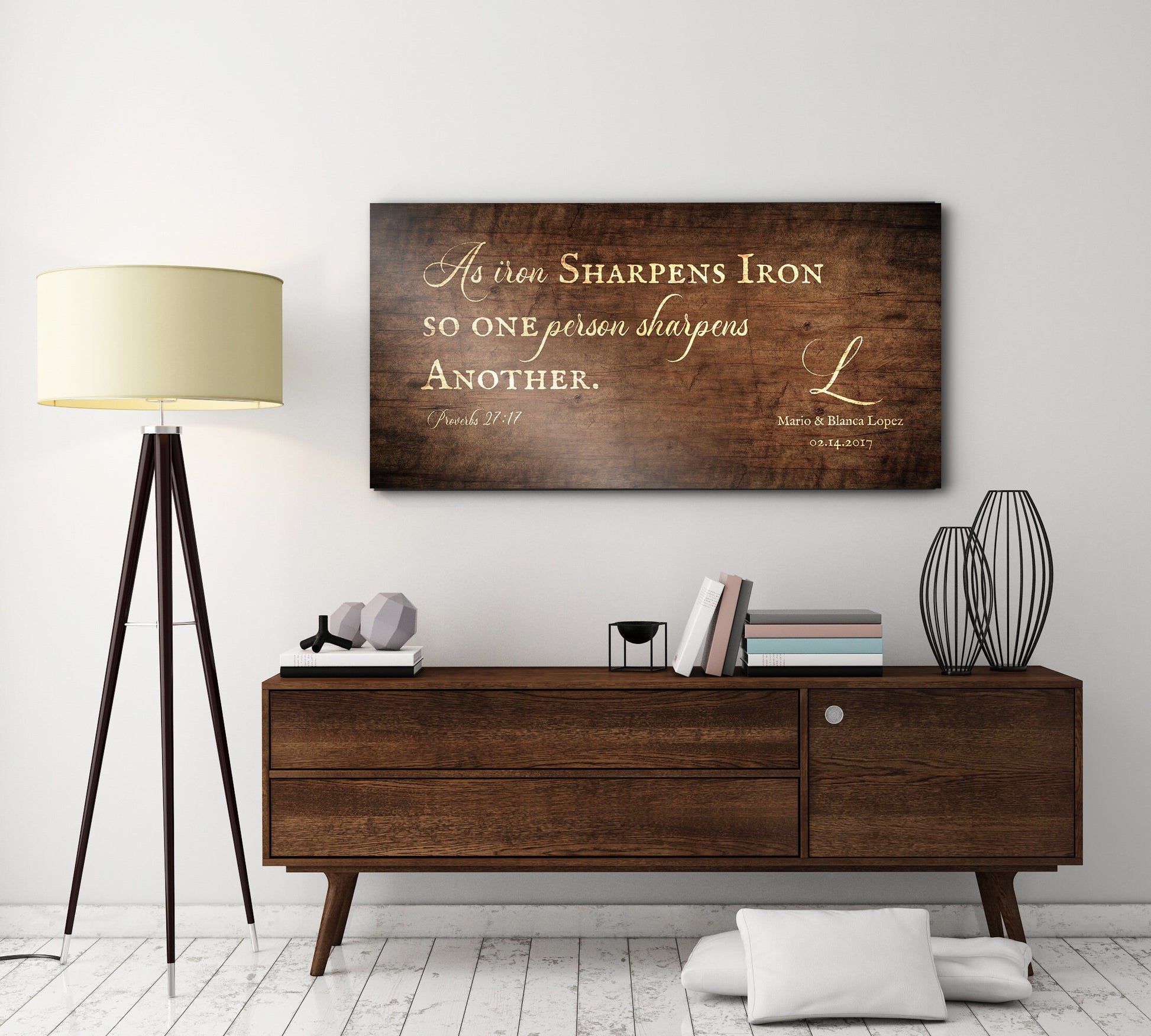 wooden anniversary wall art, iron sharpens iron sign, monogrammed christian wedding gift, 5th year anniversary gift