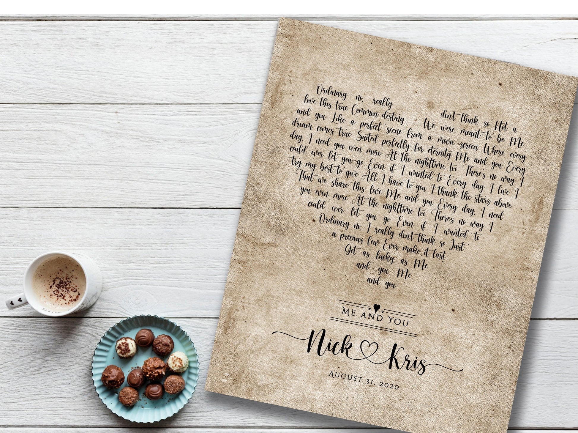 Vintage Heart Personalized Lyric Canvas in Cotton - HoneycombProverbs - Gifts For The Couple - Rustic Lyrics Wall Decor