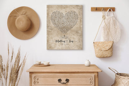 Vintage Heart Personalized Lyric Canvas in Cotton - HoneycombProverbs - Gifts For The Couple - 2nd Anniversary Gifts