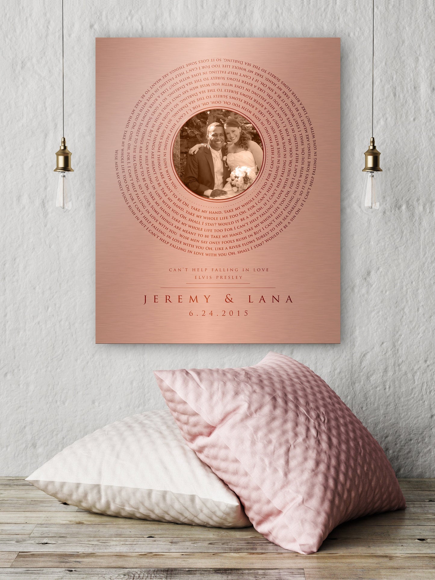 Copper photo and song anniversary gift for 7 year or 22 year anniversaries. Metal copper sign or plaque, Features song lyrics of choice, name of couple with their union date.