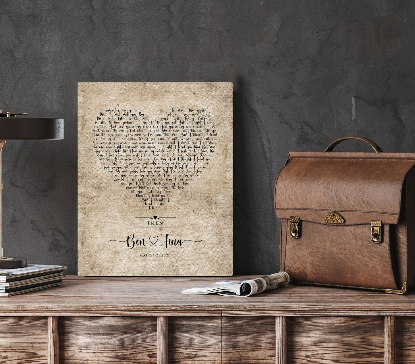 Vintage Heart Personalized Lyric Canvas in Cotton - HoneycombProverbs - Gifts For The Couple - Rustic Lyrics Wall Decor