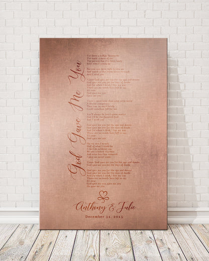 personalized copper gift for her with song lyrics and heart