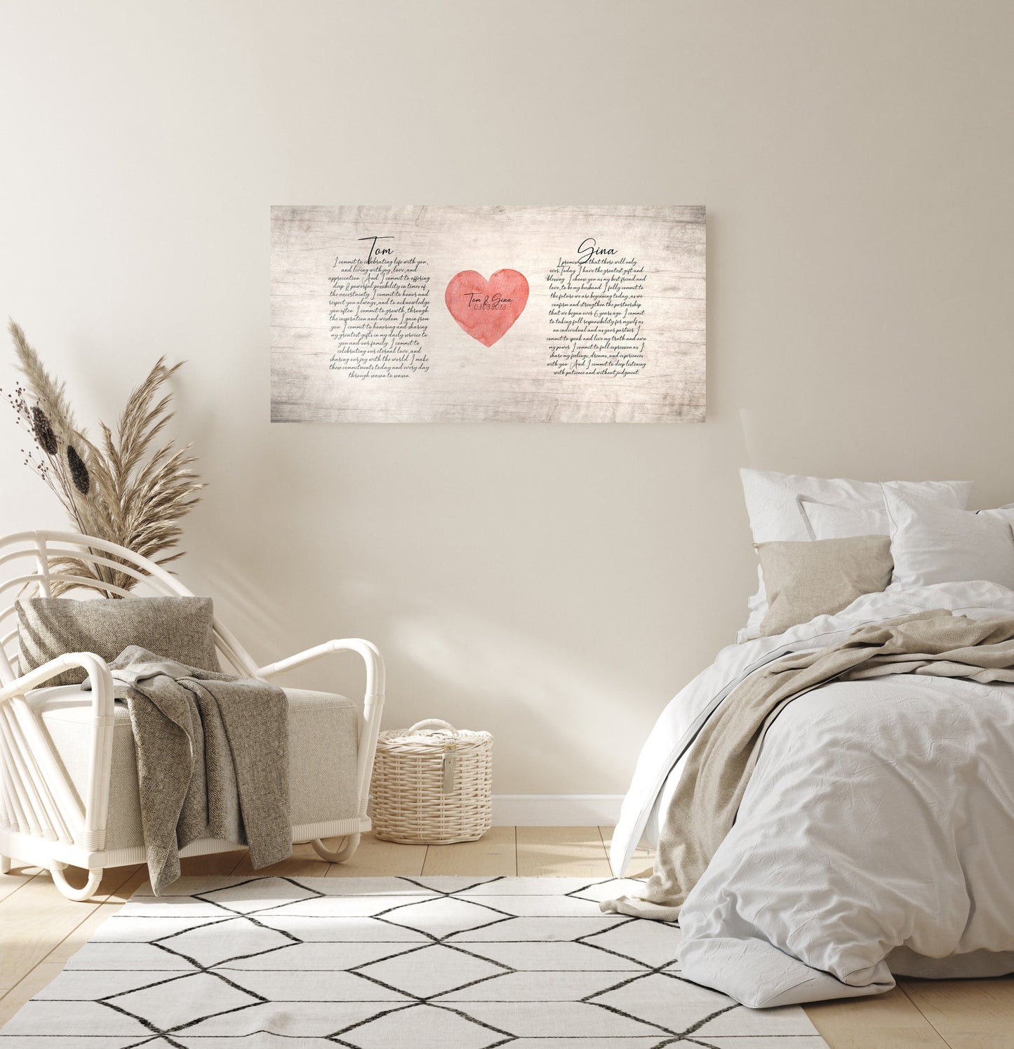 Custom wood wedding vow decor for bedroom
