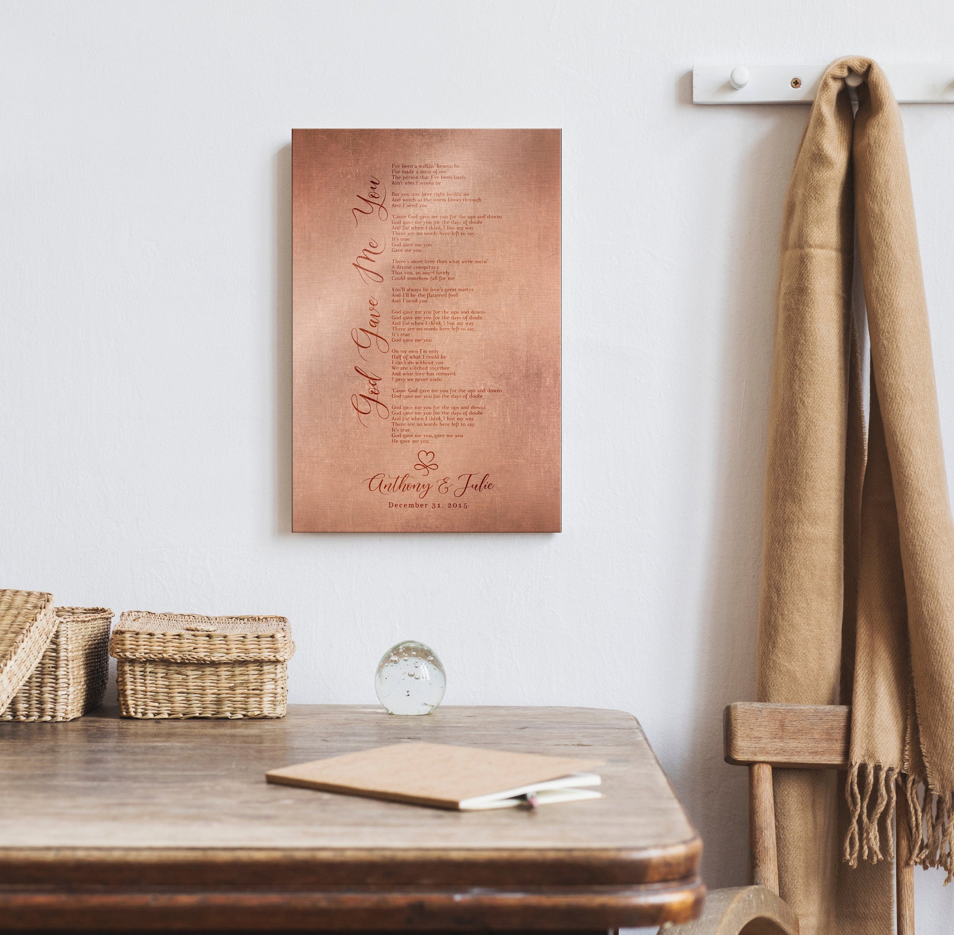 Our song on copper, 7 year wedding anniversary gift, song lyric plaque