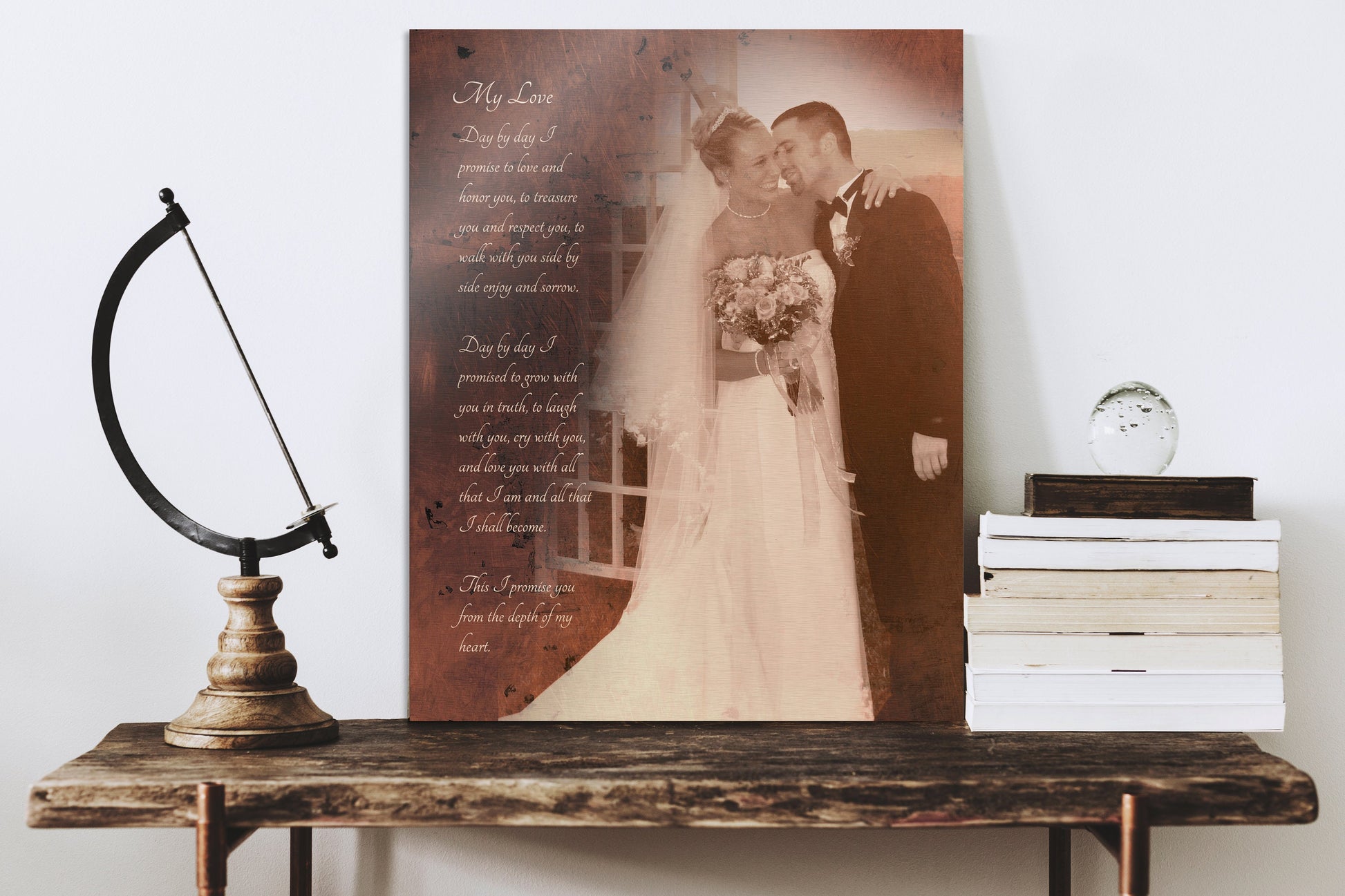 portrait or picture beautifully blended into a bronze alloy veneer with the loving wording of your choice, is beautifully inscribed on bronze. It's the perfect keepsake for those looking for gifts for 8 year bronze  anniversary
