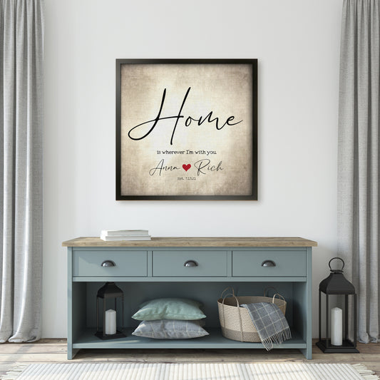 Couples' Personalized, "Home is wherever I'm with you" Framed Wall Decor - HoneycombProverbs - Giclée - 2nd Year Cotton Art