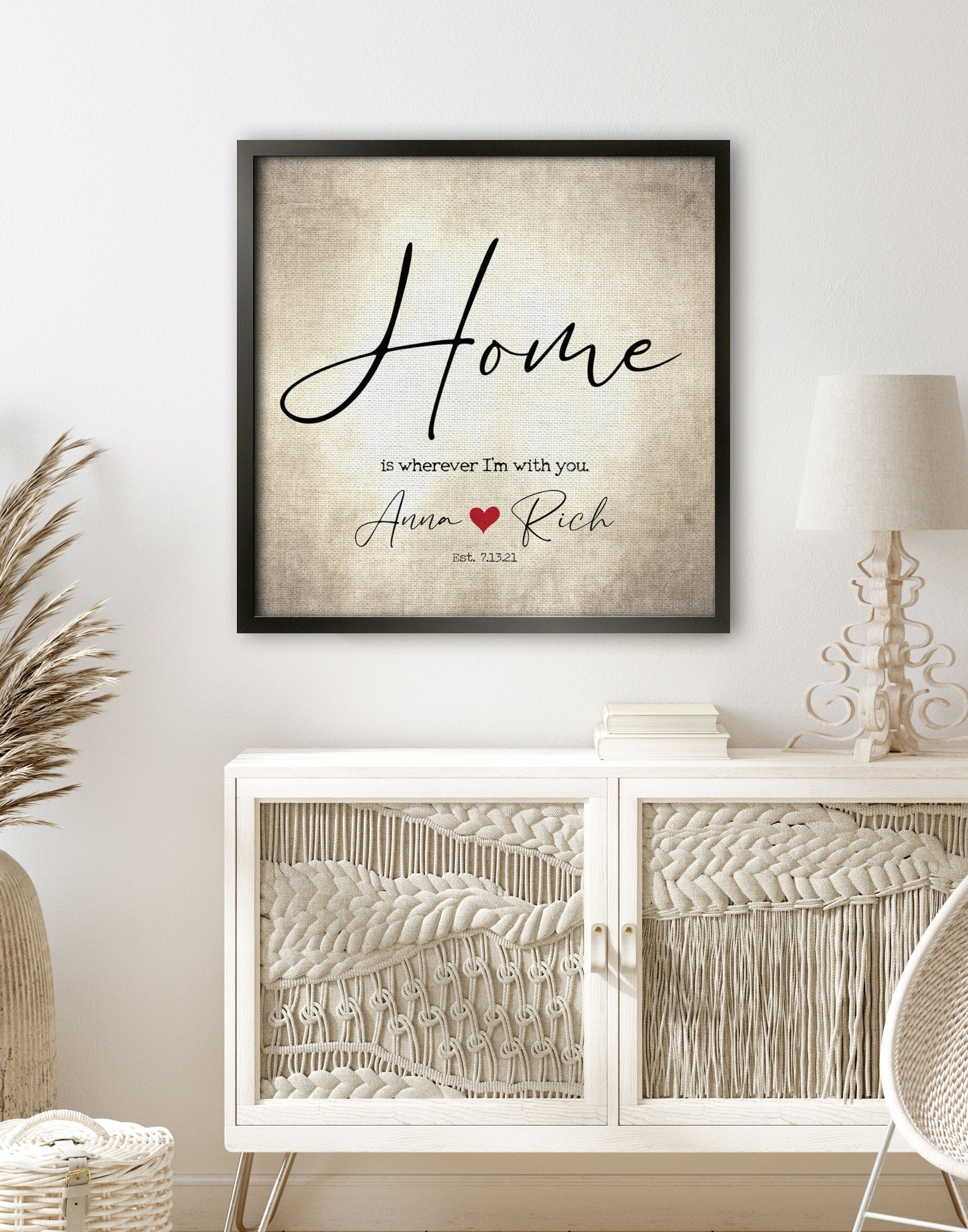 Couples' Personalized, "Home is wherever I'm with you" Framed Wall Decor - HoneycombProverbs - Giclée - 2nd Year Cotton Art