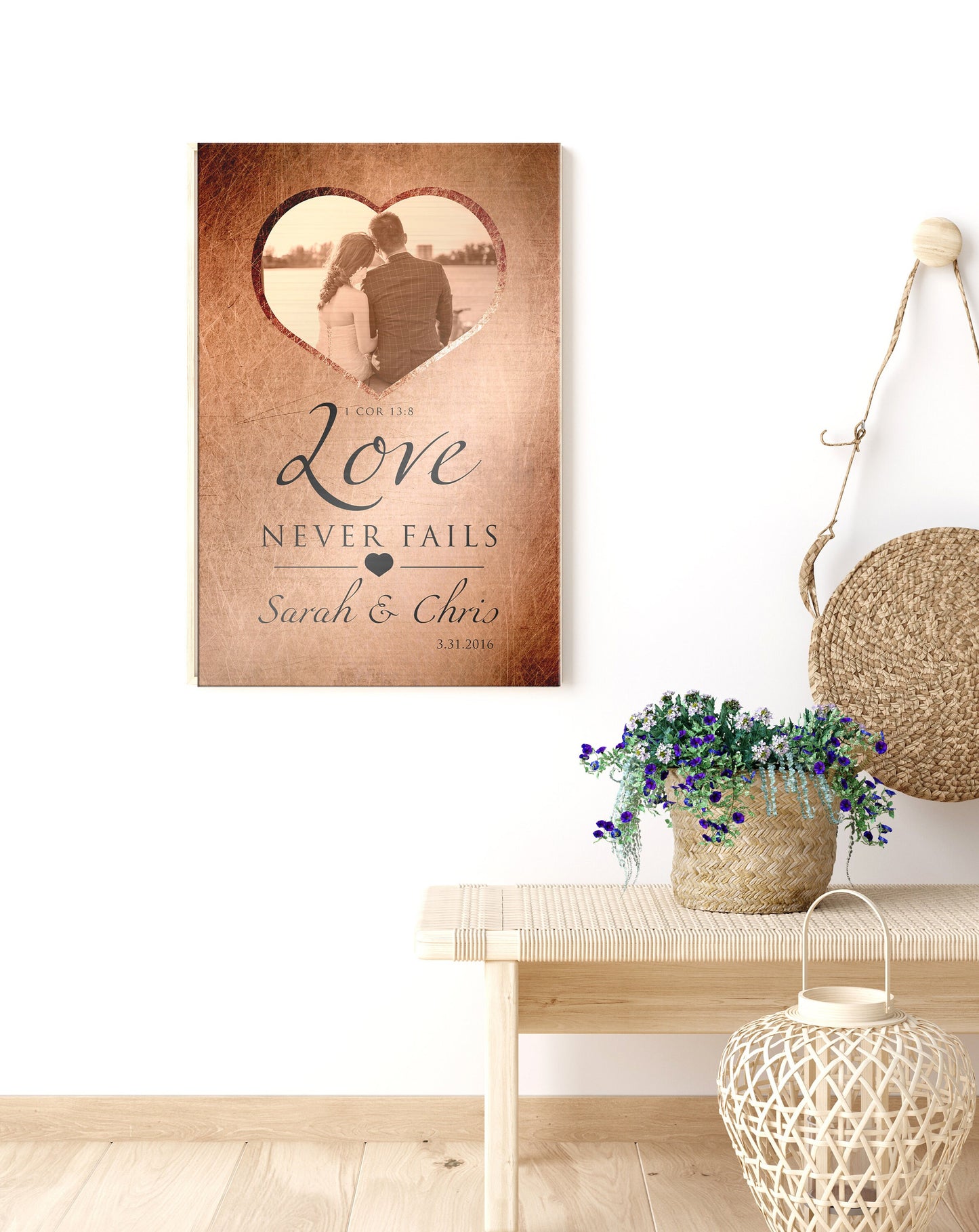 "Love Never Fails" Distressed Metal Portrait Art - HoneycombProverbs - Gifts For The Couple - Tin and Aluminum Gifts
