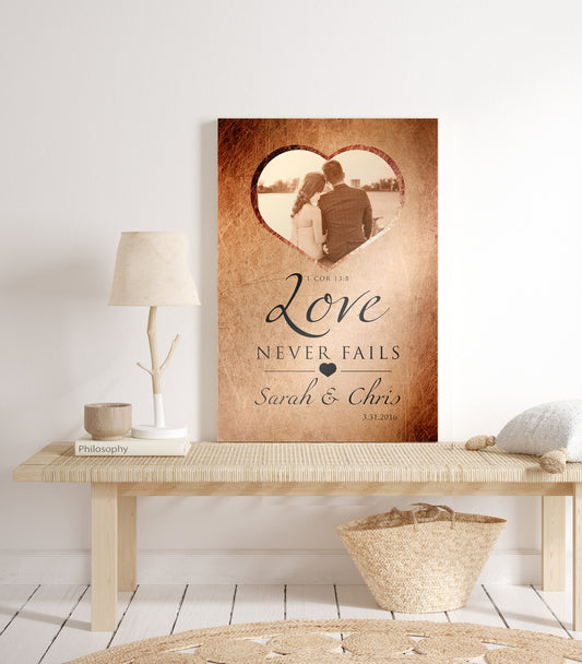 "Love Never Fails" Distressed Metal Portrait Art - HoneycombProverbs - Gifts For The Couple - Tin Anniversary Gifts