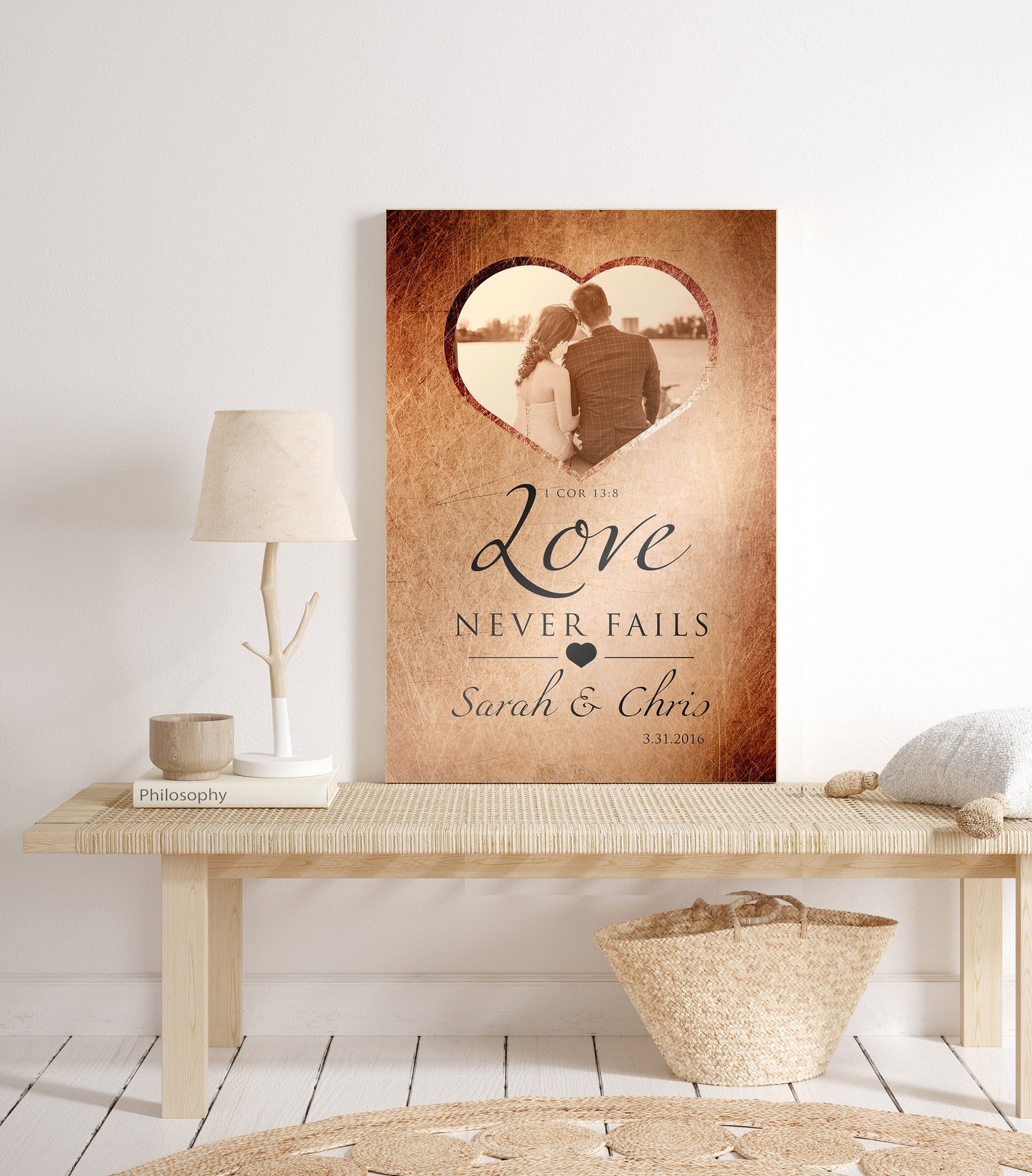 "Love Never Fails" Distressed Metal Portrait Art - HoneycombProverbs - Gifts For The Couple - Tin and Aluminum Gifts