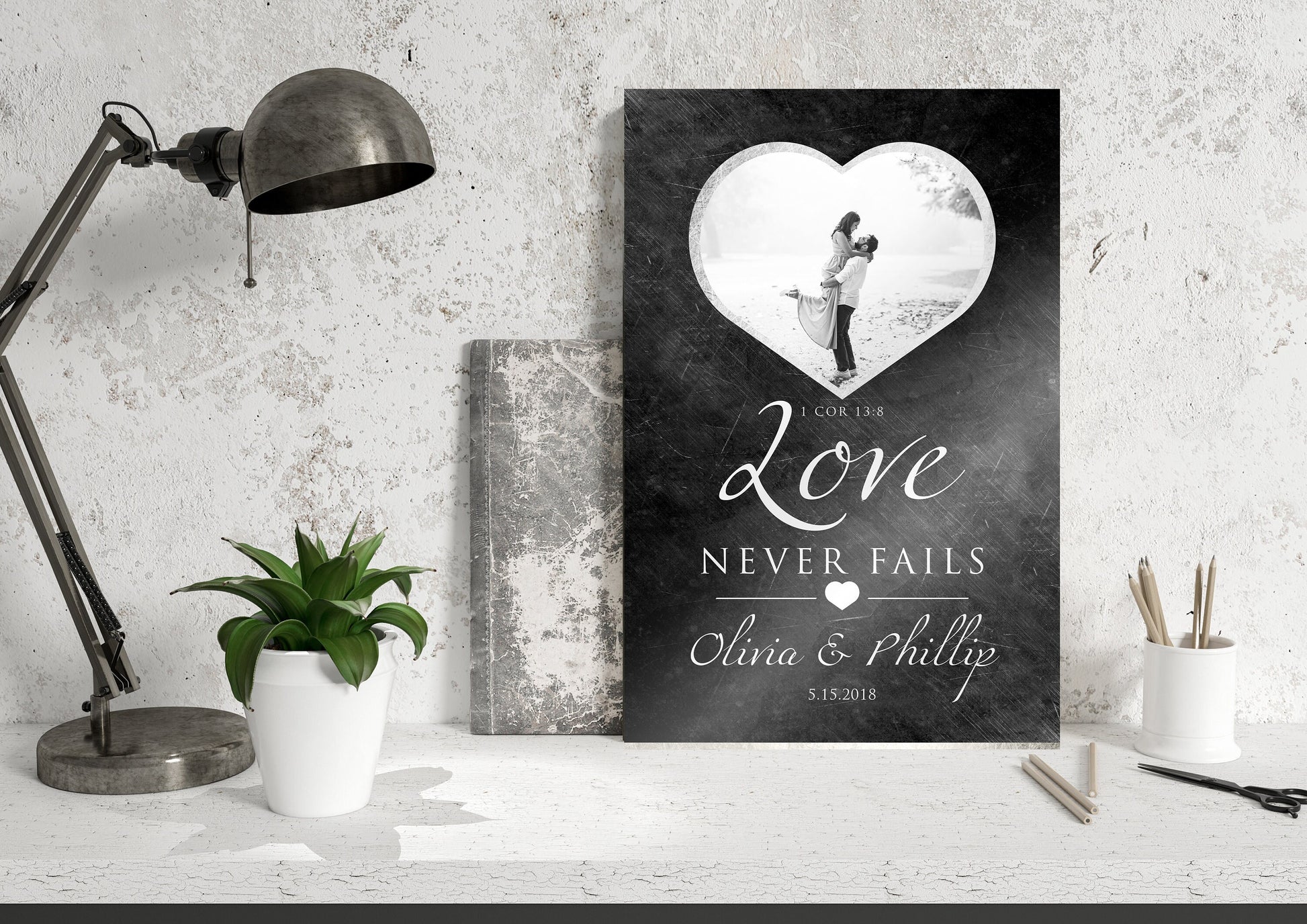 "Love Never Fails" Distressed Metal Portrait Art - HoneycombProverbs - Gifts For The Couple - Tin and Aluminum Gifts