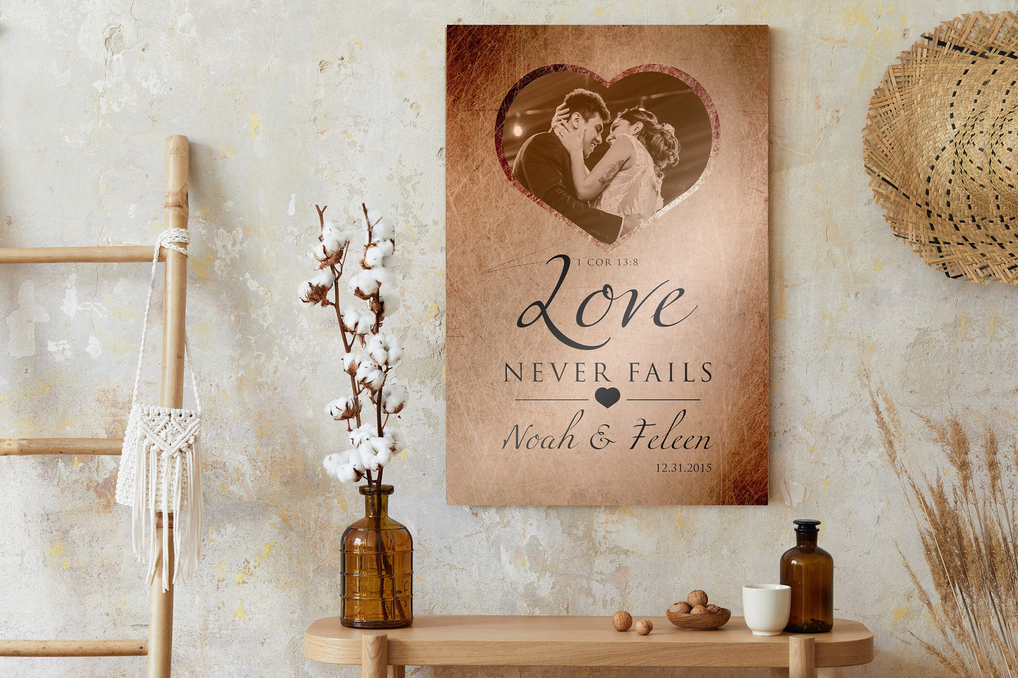 "Love Never Fails" Distressed Metal Portrait Art - HoneycombProverbs - Gifts For The Couple - Tin and Aluminum Gifts