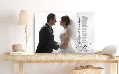 Elegant Cotton Song & Photo Canvas, shown on the wall, 2nd anniversary cotton