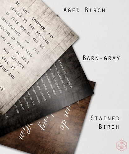 Customizable Scripture Art, close-up detail, 5th anniversary wood